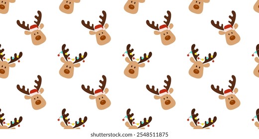 Seamless pattern with cute Christmas deer, animal head with Santa hat and lights on white background. Repeat backdrop for print.