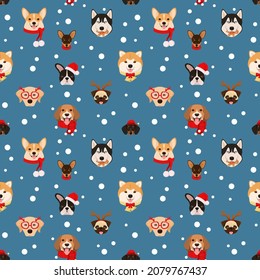 Seamless pattern with cute Christmas dogs on a dark background. Cartoon design.
