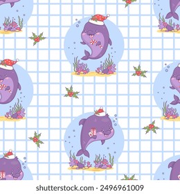 Seamless pattern with cute Christmas dolphins in Santa hat with gift and striped candy cane on white checkered background with holly. Vector illustration. New Year cartoon animal kawaii character.