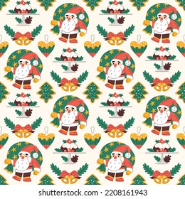 Seamless pattern with cute Christmas elements. Santa Claus, Xmas pudding, bells, heart-shaped ornament and gingerbread cookies. Colorful New year symbols. Minimalistic flat hand-drawn style