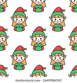 Seamless pattern of cute Christmas elves in red hats.