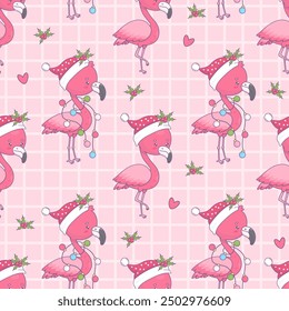 Seamless pattern with cute Christmas flamingo in Santa hat with festive garland on pink checkered background. Xmas holiday cartoon kawaii bird character. Vector illustration. Kids collection