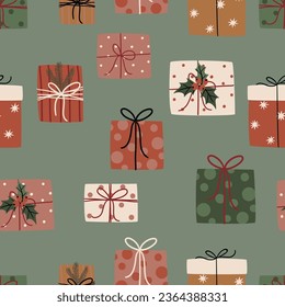 Seamless pattern with cute Christmas gifts in beautiful packaging for textiles, scrapbooking paper, cards.