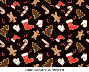 Seamless pattern with cute Christmas gingerbread cookies. Gingerbread man, shoe, Christmas tree, and gingerbread cookies on a brown background with red berries. Vector illustration