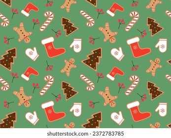 Seamless pattern with cute Christmas gingerbread cookies. Gingerbread man, shoes, Christmas tree and gingerbread cookies on a beige background with red berries. Vector illustration