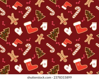 Seamless pattern with cute Christmas gingerbread cookies. Gingerbread man, shoes, Christmas tree and gingerbread cookies on a dark red background with red berries. Vector illustration