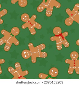 Seamless pattern with cute Christmas gingerbread cookies. Gingerbread man, Christmas gingerbread cookies on green background Vector illustration