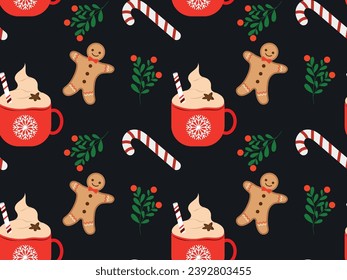 Seamless pattern with cute Christmas gingerbread cookies. Gingerbread man, cocoa, candy cane, mistletoe on a black background. Vector illustration for wallpaper, textile, wrapping paper.