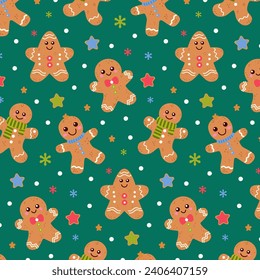 Seamless pattern with cute Christmas gingerbread cookies. Gingerbread mans with a colored scarf, star and gingerbread cookies on a green background. Vector illustration