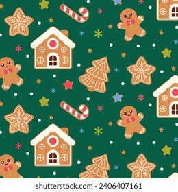 Seamless pattern with cute Christmas gingerbread cookies. Gingerbread man, Christmas tree, gingerbread house and gingerbread cookies on a green background. Vector illustration 