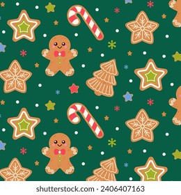 Seamless pattern with cute Christmas gingerbread cookies. Gingerbread man, Christmas tree, star, snowflakes and gingerbread cookies on a green background. Vector illustration