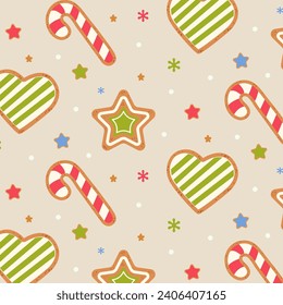 Seamless pattern with cute Christmas gingerbread cookies. Candy cane, heart, star, gingerbread on a beige background. Vector illustration