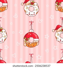 Seamless pattern with cute Christmas gingerbread with holly in Santa hat on pink striped background. Funny traditional holiday cartoon kawaii character food. Vector illustration