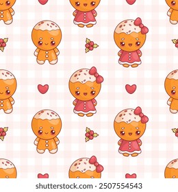 Seamless pattern with cute Christmas gingerbread man and girl on checkered background with holly. Funny traditional holiday cartoon kawaii character food. Vector illustration