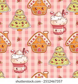 Seamless pattern with cute Christmas gingerbread house, tree with garland and red cup with cream dessert on pink checkered background with holly. Funny holiday kawaii character. Vector illustration.