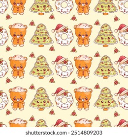 Patrón sin fisuras con Navidades lindas árbol de jengibre con guirnalda, donut Santa y oso sobre fondo amarillo claro con acebo. Divertida comida tradicional de carácter kawaii de vacaciones. Ilustración vectorial
