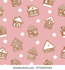 Patrón sin fisuras de lindas Navidades casas de pan de jengibre y estrellas blancas. 