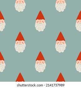 Seamless pattern with cute Christmas gnome on light blue background. New year digital background with vector hand drawn elements. Seamless pattern for kids fabric, textile and scrapbook paper.