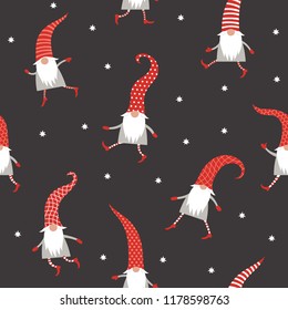 Seamless pattern ,cute Christmas gnomes in red hats