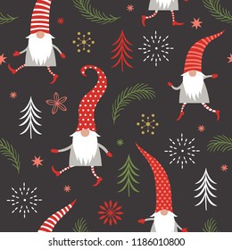 Seamless pattern ,cute Christmas gnomes in red hats