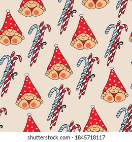 Seamless pattern, cute Christmas gnomes in red hats with caramel.