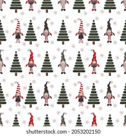 Nahtloses Muster mit süßen Weihnachtsgnocken, neuen Jahren Bäumen und Schneeflocken. Zum Verpacken von Papier, Scrapbooking, Tapete, Stoff, Textur usw.