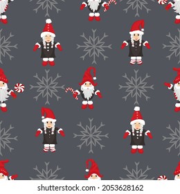 Seamless pattern with cute christmas gnomes and snowflakes. For wrapping paper, scrapbooking, wallpaper, fabric, texture, etc.