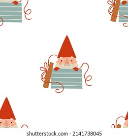 Seamless pattern with cute Christmas gnomes on white background. New year digital background with vector hand drawn elements. Seamless pattern for kids fabric, textile and scrapbook paper.