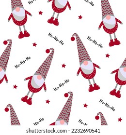 A seamless pattern with cute Christmas gnomes. Gnome with beard, cap and red boots. The ho-ho-ho inscription.Cute New Year's Eve pattern. Print for wrapping paper, textiles, children's clothing. 