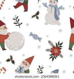 Seamless pattern with cute Christmas gnomes, snowmen and Christmas attributes on a white background for textiles, scrapbooking paper, cards.