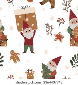 Seamless pattern with cute Christmas gnomes, snowmen and Christmas attributes on a white background for textiles, scrapbooking paper, cards.
