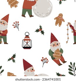 Seamless pattern with cute Christmas gnomes, snowmen and Christmas attributes on a white background for textiles, scrapbooking paper, cards.