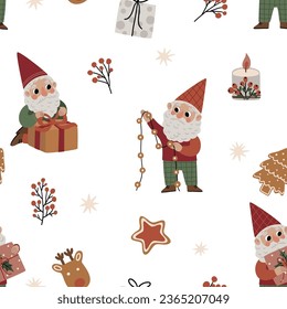 Seamless pattern with cute Christmas gnomes, snowmen and Christmas attributes on a white background for textiles, scrapbooking paper, cards.