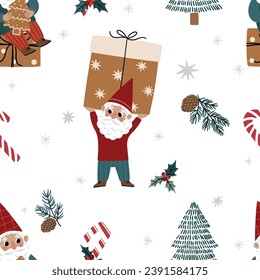 Patrón sin inconvenientes con lindos gnomos de Navidad, hombres de nieve y atributos de Navidad en un fondo blanco para textiles, papel de reserva de recortes, tarjetas.