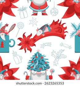 Seamless pattern with cute Christmas gnomes Santa Claus with gifts and decorations isolated on white. Cartoon vector flat illustrations, traditional winter holidays