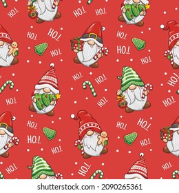 Seamless Pattern Cute Christmas Gnoomes Santa Claus. Cute Cartoon Illustration