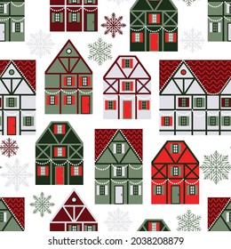 seamless pattern of cute Christmas houses in Scandinavian style isolated on white background. can be used as abstract geometric christmas or winter background. flat pattern, green, red, white. EPS
		