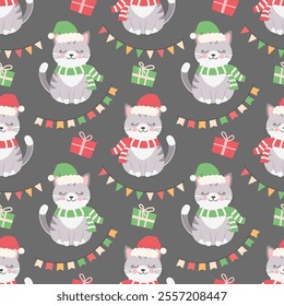 Seamless pattern with cute Christmas kittens in Santa hat, garlands, gifts and flags. Holiday illustration, background	