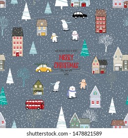 Seamless pattern Cute Christmas landscape in the town with fairy tale houses, polar bear playing ice skates, trees and cars, Vector Panorama flat design in winter city life on Christmas 