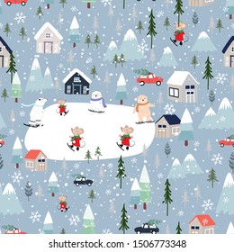 Seamless pattern Cute Christmas landscape in the town with fairy tale houses, polar bear and rats playing ice skates, trees and cars, Vector Panorama flat design in winter city life on Christmas 