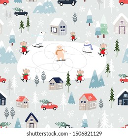 Seamless pattern Cute Christmas landscape in the town with fairy tale houses, polar bear and rats playing ice skates, trees and cars, Vector Panorama flat design in winter city life on Christmas 