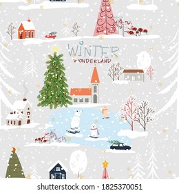 Seamless pattern Cute Christmas landscape in the town with fairy tale houses,car,polar bear playing ice skates and Christmas trees,Vector Panorama flat design in village on Christmas eve