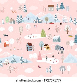 Seamless pattern Cute Christmas landscape in the town with fairy tale house,car,polar bear playing ice skate and pine tree,Vector Panorama flat design in village on Christmas eve, Holiday background