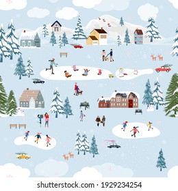 Seamless pattern Cute Christmas landscape in the town with fairy tale house,car,polar bear playing ice skate and pine tree,Vector Panorama flat design in village on Christmas eve, Holiday background