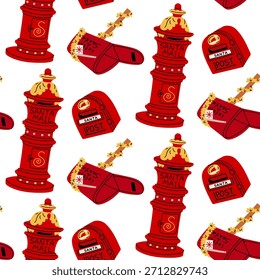 Modelo inconsútil con los buzones lindos de las Navidades con el correo para Santa. Variedad roja y amarilla de buzones planos en estilo doodle y textura caótica plana sin fisuras. Para la tela festiva, embalaje