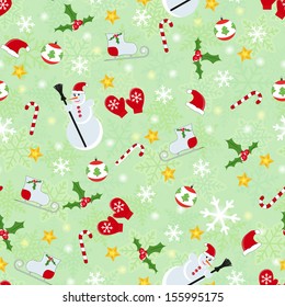 Seamless pattern with cute christmas mittens, candy cane, holly berries, snowman, star and xmas ball on snowflakes backdrop