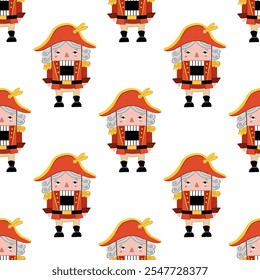 A seamless pattern with cute Christmas nutcrackers. Background, banner, wrapping paper, wallpaper, fabric, texture template.