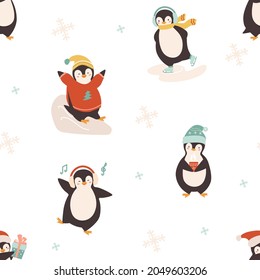 Seamless Pattern with cute Christmas penguins. Vector winter illustration in flat style