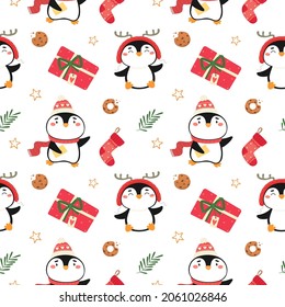 Seamless pattern with cute Christmas penguins and elements. Festive vector illustration.