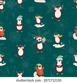 Seamless Pattern with cute Christmas penguins and snowflakes. Vector winter illustration in flat style